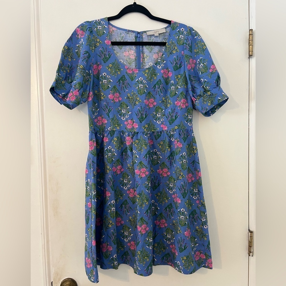 LOFT Floral U-Neck Puff Sleeve Dress size 2 (E103) - Picture 1 of 15